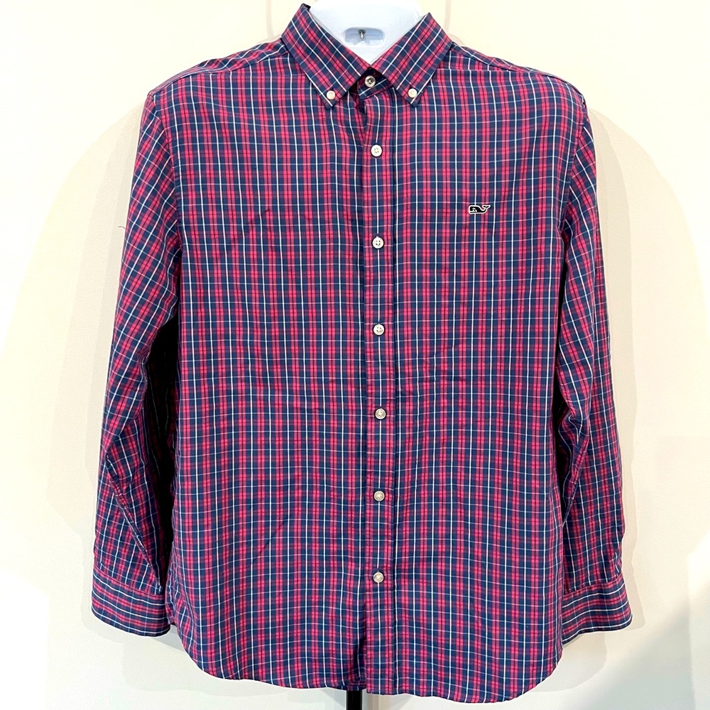 Vineyard Vines Whale Shirt Pink and Navy long sleeve button down